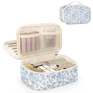 Travel Makeup Bag, Small Floral Cosmetic Bag with Makeup Brush Compartment, Portable Makeup Pouch for Women, Double Layer Makeup Organizer Bag Cute Toiletry Bag Travel Makeup Bag, Small Floral Cosmetic Bag with Makeup Brush Compartment, Portable Makeup Pouch for Women, Double Layer Makeup Organizer Bag Cute Toiletry Bag