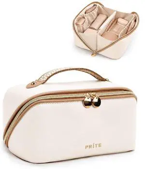 Makeup Bag for Women Travel Waterproof Vegan Leather Cosmetic Bag Open Flat Toiletry Bag With Clear Divider and Handle (Beige, Medium) Makeup Bag for Women Travel Waterproof Vegan Leather Cosmetic Bag Open Flat Toiletry Bag With Clear Divider and Handle (Beige, Medium)