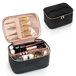 Makeup Bag, Portable Cosmetic Bag, Large Capacity Travel Makeup Case Organizer, Black For Women Toiletry Bag for Girls Traveling With Handle and Divider Makeup Bag, Portable Cosmetic Bag, Large Capacity Travel Makeup Case Organizer, Black For Women Toiletry Bag for Girls Traveling With Handle and Divider