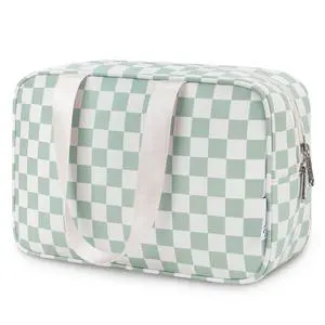 Large Capacity Travel Toiletry Bag Women, Checkered Makeup Bag with Handle, Portable Make up Cosmetic bag Organizer, Travel Bag for Toiletries, Skincare, Medicine, Essentials (Green Checker) Large Capacity Travel Toiletry Bag Women, Checkered Makeup Bag with Handle, Portable Make up Cosmetic bag Organizer, Travel Bag for Toiletries, Skincare, Medicine, Essentials (Green Checker)