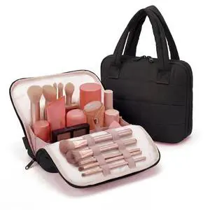Standing Makeup Bag for Travel, Portable Fold-down Cosmetic Organizer, Puffer Open Make Up Pouch with Handle & Divider & Brush Holder, Easy Clean Toiletry Bag with EVA Lining Standing Makeup Bag for Travel, Portable Fold-down Cosmetic Organizer, Puffer Open Make Up Pouch with Handle & Divider & Brush Holder, Easy Clean Toiletry Bag with EVA Lining