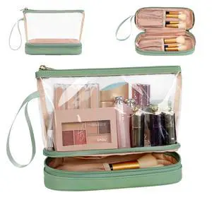 Clear Makeup Bag, Green TSA Approved Toiletry Bag with Brushes Compartment Small Travel Make up Bags for Women Clear Makeup Bag, Green TSA Approved Toiletry Bag with Brushes Compartment Small Travel Make up Bags for Women