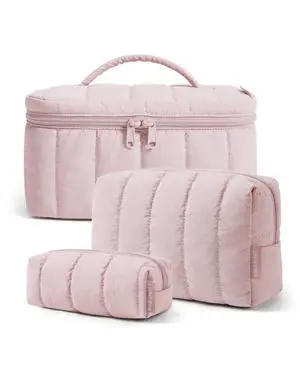 Travel Makeup Bag for Women, 3 Pcs Puffy Padded Cosmetic Organizer Bag, Large Toiletry Case and Small Purse Pouch for Gym, Work, Girls (Baby Pink) Travel Makeup Bag for Women, 3 Pcs Puffy Padded Cosmetic Organizer Bag, Large Toiletry Case and Small Purse Pouch for Gym, Work, Girls (Baby Pink)