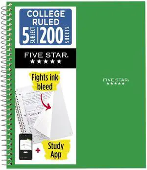 Spiral Notebook + Study App, 5 Subject, College Ruled Paper, 8.5" x 11", 200 Sheets, Green (Color May Vary) (72079) Spiral Notebook + Study App, 5 Subject, College Ruled Paper, 8.5" x 11", 200 Sheets, Green (Color May Vary) (72079)