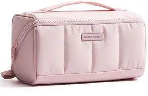 Travel Makeup Bag for Women, Fluffy & Lightweight Open Flat Cosmetic Organizer with Multiple Functional Divider for Brush Independent Storage, Handle for Easy Portability, Pink Travel Makeup Bag for Women, Fluffy & Lightweight Open Flat Cosmetic Organizer with Multiple Functional Divider for Brush Independent Storage, Handle for Easy Portability, Pink