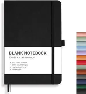 Blank Journal Notebook, 192 Pages, A5 Medium Size (5.7'' x 8.3''), Leather Hardcover, 100 GSM Thick Paper, for Sketching, Drawing, Painting (Black) Blank Journal Notebook, 192 Pages, A5 Medium Size (5.7'' x 8.3''), Leather Hardcover, 100 GSM Thick Paper, for Sketching, Drawing, Painting (Black)