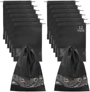 12 Pcs Portable Travel Shoe Bags, 17.3 x 12.6 Inches Waterproof Non-Woven Shoe Organizers Storage Bags, Large Drawstring Shoes Pouch Packing Organizers with Rope for Men, Women, Children (Black) 12 Pcs Portable Travel Shoe Bags, 17.3 x 12.6 Inches Waterproof Non-Woven Shoe Organizers Storage Bags, Large Drawstring Shoes Pouch Packing Organizers with Rope for Men, Women, Children (Black)