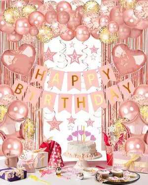 Rose Gold Happy Birthday Party Decorations, Happy Birthday Banner, Rose Gold Foil Heart Star Confetti Balloons Curtain Backdrop Hanging Swirls Party Decor for Girls Women Princess Rose Gold Happy Birthday Party Decorations, Happy Birthday Banner, Rose Gold Foil Heart Star Confetti Balloons Curtain Backdrop Hanging Swirls Party Decor for Girls Women Princess