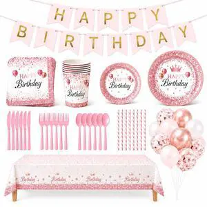 212Pcs Pink Birthday Party Supplies Set, Disposable Plates Napkins Cups Cutlery Tableware Kit with Balloons Banner Tablecloth, Serve 24 Guests for Girls Women Baby Shower Decorations 212Pcs Pink Birthday Party Supplies Set, Disposable Plates Napkins Cups Cutlery Tableware Kit with Balloons Banner Tablecloth, Serve 24 Guests for Girls Women Baby Shower Decorations