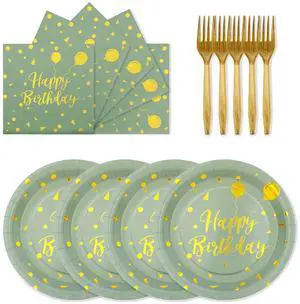 72PCS Happy Birthday Paper Plates - Sage Green and Gold Tableware Set Include 7Inch Paper Plates 6.5 Inch Napkins and 6.3 Inch Forks Disposable Decoration Supplies for Birthday Party,Serve 24 72PCS Happy Birthday Paper Plates - Sage Green and Gold Tableware Set Include 7Inch Paper Plates 6.5 Inch Napkins and 6.3 Inch Forks Disposable Decoration Supplies for Birthday Party,Serve 24
