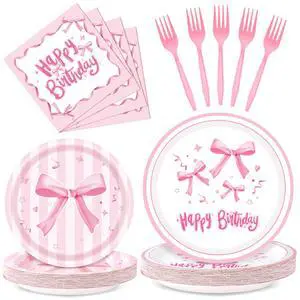 Pink Bow Birthday Decorations, 96Pcs Bow Party Tableware Plates Napkins Forks for Pink Birthday Girls Bachelorette Party Decorations-Serves 24 Pink Bow Birthday Decorations, 96Pcs Bow Party Tableware Plates Napkins Forks for Pink Birthday Girls Bachelorette Party Decorations-Serves 24