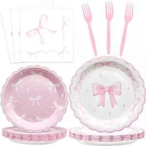 96Pcs Pink Bow Party Supplies Disposable Tableware Set Serve 24 Guests Include Pink Bow Plates and Napkins Forks for Bachelorette Bridal Engagement Baby Shower Birthday Party Decorations 96Pcs Pink Bow Party Supplies Disposable Tableware Set Serve 24 Guests Include Pink Bow Plates and Napkins Forks for Bachelorette Bridal Engagement Baby Shower Birthday Party Decorations