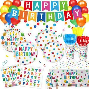 Happy Birthday Decorations - Colorful Dots Birthday Party Supplies Includes Plates, Napkins, Cups, Cutlery, Banner, Hanging Swirl, Tablecloth, Balloons for Birthday Decorations, Serves 24 Happy Birthday Decorations - Colorful Dots Birthday Party Supplies Includes Plates, Napkins, Cups, Cutlery, Banner, Hanging Swirl, Tablecloth, Balloons for Birthday Decorations, Serves 24