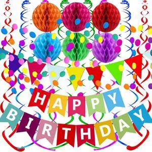 Happy Birthday Banner With Colorful Paper Flag Bunting Paper Circle Confetti Garland Swirl Streamers Honeycomb ball for Birthday Party Decorations Happy Birthday Banner With Colorful Paper Flag Bunting Paper Circle Confetti Garland Swirl Streamers Honeycomb ball for Birthday Party Decorations