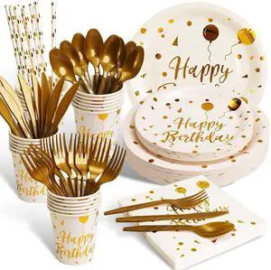 200 pieces of white and gold birthday party supplies, disposable happy birthday tableware set, gold plastic knives, forks, spoons, straws. Birthday themed tray, cup,25Guestswhite 200 pieces of white and gold birthday party supplies, disposable happy birthday tableware set, gold plastic knives, forks, spoons, straws. Birthday themed tray, cup,25Guestswhite