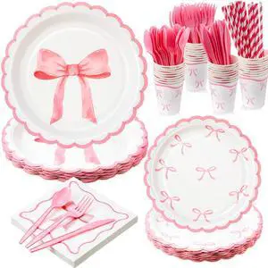 192 Pcs Pink Bow Party Supplies Severs 24 Guests Coquette Birthday Decorations Includes Plates Cups Napkins Tableware Sets for Girl Bachelorette Bridal Engagement 192 Pcs Pink Bow Party Supplies Severs 24 Guests Coquette Birthday Decorations Includes Plates Cups Napkins Tableware Sets for Girl Bachelorette Bridal Engagement