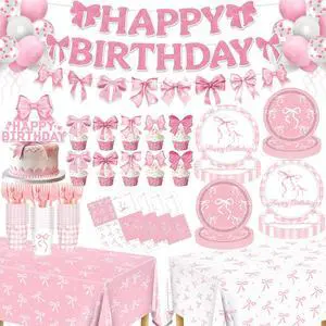 Pink Bow Birthday Decorations, 153Pcs Bow Party Birthday Supplies-Serves 24 with Plates and Napkins Tablecloth and Banner Balloons for Pink Girls Birthday Decorations Pink Bow Birthday Decorations, 153Pcs Bow Party Birthday Supplies-Serves 24 with Plates and Napkins Tablecloth and Banner Balloons for Pink Girls Birthday Decorations