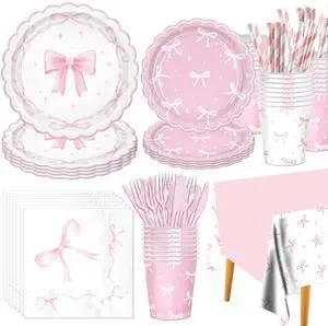 161PCs Pink Bow Party Supplies Pink Coquette Plates Napkins Cups Tablecloth Straws Forks Spoons Knives for Birthday Party Bachelorette Decor Bridal Engagement Coquette Party Supplies for 20 guests 161PCs Pink Bow Party Supplies Pink Coquette Plates Napkins Cups Tablecloth Straws Forks Spoons Knives for Birthday Party Bachelorette Decor Bridal Engagement Coquette Party Supplies for 20 guests