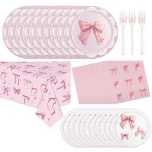 Pink Bow Party Plates and Napkins Supplies - 25 Disposable Plates, 25 Dessert Plates, 25 Napkins, 25 Forks & 1 Tablecloth for Birthday, Baby Shower, Bridal Shower Pink Bow Party Plates and Napkins Supplies - 25 Disposable Plates, 25 Dessert Plates, 25 Napkins, 25 Forks & 1 Tablecloth for Birthday, Baby Shower, Bridal Shower