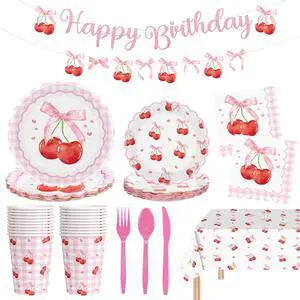 170 Pcs Cherry Birthday Decorations - Pink Bows Party Supplies Set, Happy Birthday Banner, Scalloped Paper Plates Napkins Cups, Plastic Tablecloth, Flatware for Coquette Cherry Bday Party Decoration 170 Pcs Cherry Birthday Decorations - Pink Bows Party Supplies Set, Happy Birthday Banner, Scalloped Paper Plates Napkins Cups, Plastic Tablecloth, Flatware for Coquette Cherry Bday Party Decoration