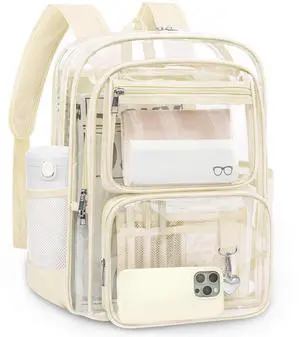 Clear Backpack for School, Large Heavy Duty Clear Bookbag with Luggage Strap & Stitches for Girls Boys, Reinforced See Through PVC Transparent Backpack for Stadium Events College Travel Work Beige Clear Backpack for School, Large Heavy Duty Clear Bookbag with Luggage Strap & Stitches for Girls Boys, Reinforced See Through PVC Transparent Backpack for Stadium Events College Travel Work Beige