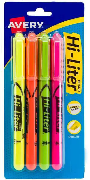 Hi-Liter Pen-Style Highlighters, Smear Safe Ink, Chisel Tip, 4 Assorted Color Highlighters (23545) Hi-Liter Pen-Style Highlighters, Smear Safe Ink, Chisel Tip, 4 Assorted Color Highlighters (23545)