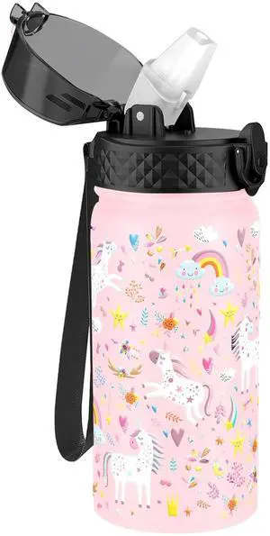 Kids Water Bottle (Straw Lid) - 14 Oz Stainless Steel Travel Bottle, Double Wall Vacuum Leak Proof Kids Cup for School Boys Girls,Unicorn Fields Kids Water Bottle (Straw Lid) - 14 Oz Stainless Steel Travel Bottle, Double Wall Vacuum Leak Proof Kids Cup for School Boys Girls,Unicorn Fields