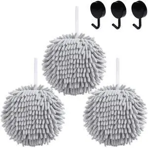 Chenille Hand Towel Set, 3 Pcs Hanging Soft Absorbent Decoration Fuzzy Ball Hand Towel for Bathroom/Kitchen with 3 Hooks (3 Grey) Chenille Hand Towel Set, 3 Pcs Hanging Soft Absorbent Decoration Fuzzy Ball Hand Towel for Bathroom/Kitchen with 3 Hooks (3 Grey)