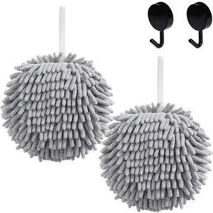 2 Pcs Fuzzy Ball Hand Towels, Microfiber Hand Towels for Bathroom with Hanging Loop, Soft Fast Drying Decorative Chenille Hand Bath Towels with 2 Hooks (2 Grey) 2 Pcs Fuzzy Ball Hand Towels, Microfiber Hand Towels for Bathroom with Hanging Loop, Soft Fast Drying Decorative Chenille Hand Bath Towels with 2 Hooks (2 Grey)