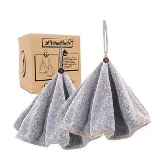 Hand Towels with Hanging Loops, Absorbent Charcoal Fiber Cleaning Clothes with Coconut Shell Button for Kitchen, Round Shape, Set of 2, Grey Hand Towels with Hanging Loops, Absorbent Charcoal Fiber Cleaning Clothes with Coconut Shell Button for Kitchen, Round Shape, Set of 2, Grey
