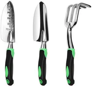 Garden Tool Set, 3 Pack Aluminum Heavy Duty Gardening Kit Includes Hand Trowel, Transplant Trowel and Cultivator Hand Rake with Soft Rubberized Non-Slip Ergonomic Handle, Garden Gifts Garden Tool Set, 3 Pack Aluminum Heavy Duty Gardening Kit Includes Hand Trowel, Transplant Trowel and Cultivator Hand Rake with Soft Rubberized Non-Slip Ergonomic Handle, Garden Gifts
