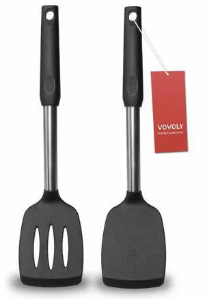 2 Pack Spatulas, Solid & Slotted Silicone Spatula Set, Stainless Steel Handle Coated with Silicone, Non Stick Turners, Heat Resistant Rubber Spatulas for Fish, Eggs, Pancakes, WOK, Black 2 Pack Spatulas, Solid & Slotted Silicone Spatula Set, Stainless Steel Handle Coated with Silicone, Non Stick Turners, Heat Resistant Rubber Spatulas for Fish, Eggs, Pancakes, WOK, Black
