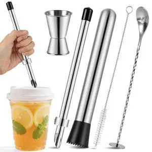 5Pcs Set Straw Puncher for Lemonade Plastic Lids Cups with Muddler, Bar Spoon, Jigger, 304 Stainless Steel Straw Hole Puncher 5Pcs Set Straw Puncher for Lemonade Plastic Lids Cups with Muddler, Bar Spoon, Jigger, 304 Stainless Steel Straw Hole Puncher