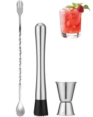 Professional Bar Tools Set, 8-inch Stainless Steel Muddler, 10-inch Mixing Spoon, Measuring Jigger for Cocktails, Home Bartenders, Mojitos, Margaritas and Fruit-Based Drinks Professional Bar Tools Set, 8-inch Stainless Steel Muddler, 10-inch Mixing Spoon, Measuring Jigger for Cocktails, Home Bartenders, Mojitos, Margaritas and Fruit-Based Drinks