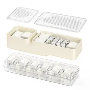 2-Tier Cable Organizer Box, Charger Organizer Storage with 5 Adjustable Compartments and Cable Ties, Cord Organizer for Drawers and Desktops, Suitable for Home and Office Use 2-Tier Cable Organizer Box, Charger Organizer Storage with 5 Adjustable Compartments and Cable Ties, Cord Organizer for Drawers and Desktops, Suitable for Home and Office Use