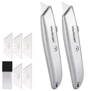 Retractable Utility Knife Box Cutter - 2 Pack Safety Box Cutters Retractable Metal Cutter Tool With 5 Replacement Blades Heavy Duty Box Cutter Knife Retractable Utility Knife Box Cutter - 2 Pack Safety Box Cutters Retractable Metal Cutter Tool With 5 Replacement Blades Heavy Duty Box Cutter Knife