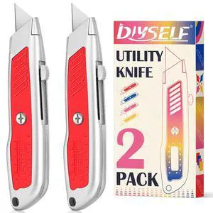 2 Pack Box Cutters, Retractable Utility Knife with SK5 Steel Blades | Ergonomic Grip, Aluminum Box Cutter Retractable, Secure Slide Lock Razor Knife for Packages, Office, Warehouse and DIYers 2 Pack Box Cutters, Retractable Utility Knife with SK5 Steel Blades | Ergonomic Grip, Aluminum Box Cutter Retractable, Secure Slide Lock Razor Knife for Packages, Office, Warehouse and DIYers