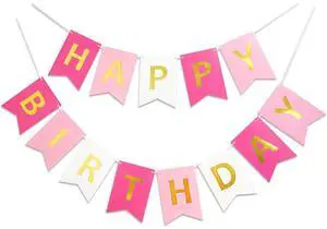 Pink Rose White Happy Birthday Banner for Girls 13 Paper Flags | 13 flags with 2 satin ribbons easy indoor birthday decor for cake tables walls and photo backdrops Pink Rose White Happy Birthday Banner for Girls 13 Paper Flags | 13 flags with 2 satin ribbons easy indoor birthday decor for cake tables walls and photo backdrops