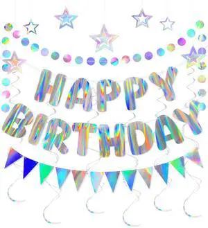 Iridescent Birthday Decorations with Pre-Strung Happy Birthday Banner | Holographic Cute Party Decor Set with Streamers, Flags & Garland for Kids, Girls, Boys, Women, Men Birthday Celebrations Iridescent Birthday Decorations with Pre-Strung Happy Birthday Banner | Holographic Cute Party Decor Set with Streamers, Flags & Garland for Kids, Girls, Boys, Women, Men Birthday Celebrations
