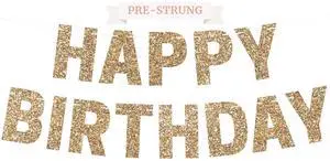 Pre-Strung Happy Birthday Banner - Gold Glitter Birthday Party Banner | No DIY - Pre-Strung on 8 ft Strands - Gold Glitter Bday Party Decorations & Decor for Men & Women Pre-Strung Happy Birthday Banner - Gold Glitter Birthday Party Banner | No DIY - Pre-Strung on 8 ft Strands - Gold Glitter Bday Party Decorations & Decor for Men & Women
