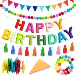 4PCS Pre-Strung Happy Birthday Banner - Felt Happy Birthday Garland, Ball Garland, Felt Pennant Flag, Colorful Thread Tassel Rainbow Party Decorations for Women Men Kids 4PCS Pre-Strung Happy Birthday Banner - Felt Happy Birthday Garland, Ball Garland, Felt Pennant Flag, Colorful Thread Tassel Rainbow Party Decorations for Women Men Kids