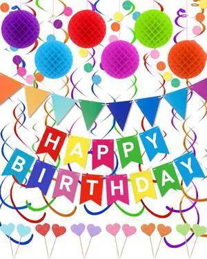Happy Birthday Party Decorations for Women- Colorful Happy Birthday Banner | Swirl Streamers Honeycomb Balls Circle Dots Garland Triangle Flag Bunting, Rainbow Decor for Women Men Boys Girls Happy Birthday Party Decorations for Women- Colorful Happy Birthday Banner | Swirl Streamers Honeycomb Balls Circle Dots Garland Triangle Flag Bunting, Rainbow Decor for Women Men Boys Girls