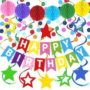 Rainbow Happy Birthday Banner, Party Decorations Kit | with 1 Colorful Birthday Sign, 6 Honeycomb Balls, 8 Star Swirl Streamers & Circle Dot for Girls, Boys, Women & Men Rainbow Happy Birthday Banner, Party Decorations Kit | with 1 Colorful Birthday Sign, 6 Honeycomb Balls, 8 Star Swirl Streamers & Circle Dot for Girls, Boys, Women & Men