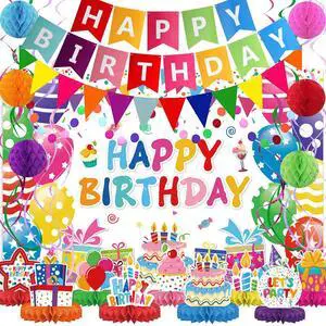Birthday Decorations Kit, Happy Birthday Party Banner, Honeycomb Balls, Metallic Hanging Swirls, Circle Garland, Colorful Party Decorations, Backdrop Cloth, Centerpieces for Tables Birthday Decorations Kit, Happy Birthday Party Banner, Honeycomb Balls, Metallic Hanging Swirls, Circle Garland, Colorful Party Decorations, Backdrop Cloth, Centerpieces for Tables