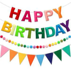 Pre-Strung Felt Happy Birthday Banner Rainbow Garland Set | 3-in-1 combo with pom pom string & pennant flags, thick non-woven fabric, no DIY required, photo booth backdrop Pre-Strung Felt Happy Birthday Banner Rainbow Garland Set | 3-in-1 combo with pom pom string & pennant flags, thick non-woven fabric, no DIY required, photo booth backdrop