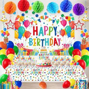 Happy Birthday Decorations For Women Men,Birthday Backdrop,Banner Balloons,Table Cloth,Paper pom poms Party Supplies for Girls Boys (Colorful) Happy Birthday Decorations For Women Men,Birthday Backdrop,Banner Balloons,Table Cloth,Paper pom poms Party Supplies for Girls Boys (Colorful)