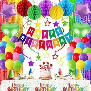Colorful Birthday Party Decorations Rainbow Happy Birthday Banner Honeycomb Balls Fringe Curtain Foil Balloons Hanging Swirls Cake Topper Tablecloth Party Supplies for Girls Boys Kids Women Men Colorful Birthday Party Decorations Rainbow Happy Birthday Banner Honeycomb Balls Fringe Curtain Foil Balloons Hanging Swirls Cake Topper Tablecloth Party Supplies for Girls Boys Kids Women Men