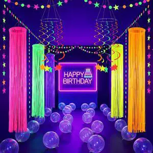 5 Pack Glow in The Dark Party Supplies Neon Fringe Curtains | 6.56ft Neon Luminous Streamers, Fluorescent Foil Backdrop, Star Swirl Garlands and Hanging Hoops, for Birthday Wedding Party 5 Pack Glow in The Dark Party Supplies Neon Fringe Curtains | 6.56ft Neon Luminous Streamers, Fluorescent Foil Backdrop, Star Swirl Garlands and Hanging Hoops, for Birthday Wedding Party