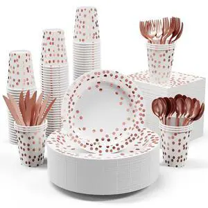 White & Rose Gold Paper Plates 350PCS Disposable Dinnerware Set | Party Supplies Paper Plate Napkins Cup, Gold Plastic Forks Knives Spoon for Graduation, Birthday, Thanksgiving&Cocktail Party White & Rose Gold Paper Plates 350PCS Disposable Dinnerware Set | Party Supplies Paper Plate Napkins Cup, Gold Plastic Forks Knives Spoon for Graduation, Birthday, Thanksgiving&Cocktail Party