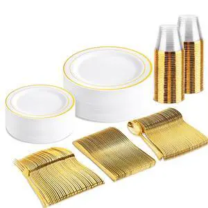 150PCS Gold Plastic Dinnerware Set Disposable - Heavy Duty Gold Plates Include 25 Dinner & 25 Dessert Plates,25 Forks,25 Knives,25 Spoons&25 Cups for Party&Wedding 150PCS Gold Plastic Dinnerware Set Disposable - Heavy Duty Gold Plates Include 25 Dinner & 25 Dessert Plates,25 Forks,25 Knives,25 Spoons&25 Cups for Party&Wedding